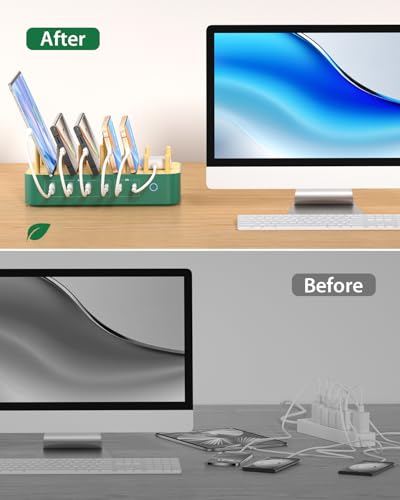 Eco-Friendly Bamboo USB-C Charging Hub – 60 W 6-Port Multi-Device Dock with 3 AC Outlets, 3 USB-C, 3 USB-A Ports, 6 Mixed Cables Included, 6.6 ft Power Cord for i Phones, i Pads & Tablets – Fast, Efficient Charging Solution with Elegant Design