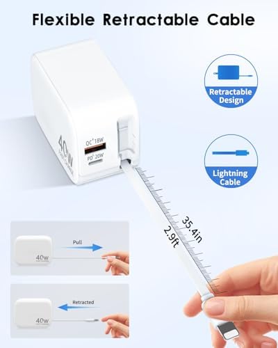 40 W Retractable Wall Charger with 35.4-Inch Lightning Cable – Fast Charging Solution for i Phone 14, i Pad, Pixel, and Galaxy – 3-Port USB-C Charging Block with Compact Foldable Plug for Ultimate Portability and Enhanced Compatibility