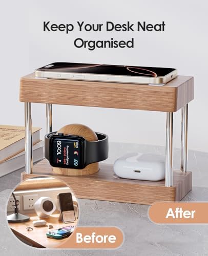 Eco-Friendly Bamboo Wireless Charging Station with Alarm Clock – Multi-Device Bedside Charger for i Phone, Air Pods & i Watch – Fast Charging & Adjustable Night Light – Perfect Gift for Him or Her