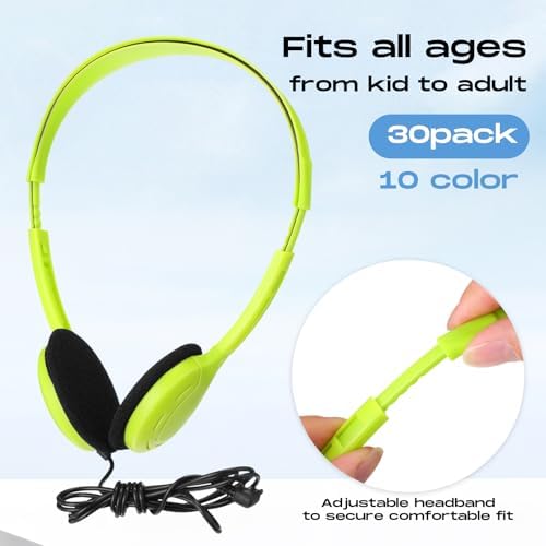 Yunsailing 30 Pack Colorful Classroom Headphones for Kids – Durable On-Ear Adjustable Earphones with Universal 3.5 mm Jack – Essential Bulk Headsets for Engaging Learning and Interactive Activities in Educational Settings