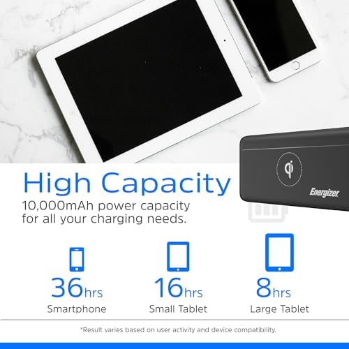 Energizer 10,000 m Ah Wireless Portable Charger – Qi-Certified 10 W & 18 W USB-C Fast Charging Power Bank for i Phone 16/15/14/13/12 Series, Samsung, and Android Devices – Lightweight, Durable, and Dual Charging Solutions for On-the-Go Power Needs