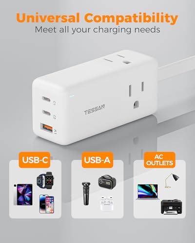 TESSAN 30 W USB Charging Station with Flat Plug & 5 FT Extension Cord – Multiport Fast Charger for Phones, Tablets, Laptops – Perfect Travel Companion with 3 AC Outlets & Enhanced Safety Features for Home and Office Use