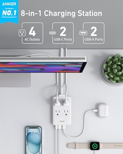 Anker 20 W Max 8-in-1 USB-C Power Strip: The Ultimate Fast Charging Station for i Phone 15/14 & Mac Book Air/Pro, Featuring 4 AC Outlets, 2 USB-A & 2 USB-C Ports, Ideal Travel & Office Desktop Charger with 5 ft Slim Cord for Enhanced Mobility and Compatibility