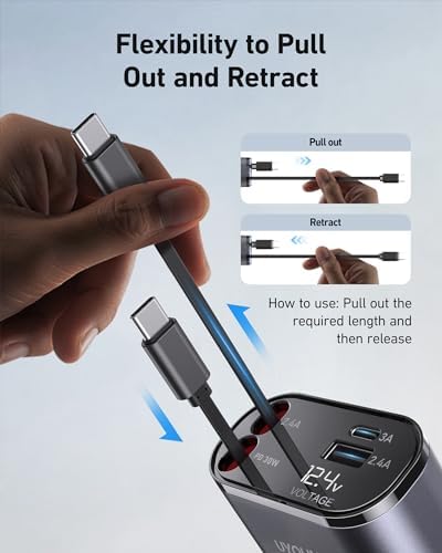 Revolutionize Your Road Trips with the UYOUNG 100 W Retractable Car Charger – 4-in-1 Fast Charging Solution with Dual 31.5-Inch Cables & Dual USB Ports for i Phone 15/14/13/12/11 Pro Max, Samsung, Pixel, and More – Ultimate Compatibility & Speed for Modern Travelers