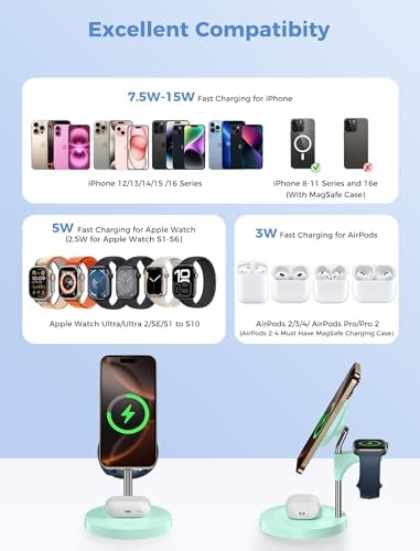 Effortless Power: Premium 3-in-1 Wireless Charging Station for Apple Devices – 15 W Mag Safe Fast Charger Compatible with i Phone 12-16 Pro, Apple Watch Series 2-7, and Air Pods Pro 2-4 – Stylish Black Design for Seamless Integration and Maximum Efficiency