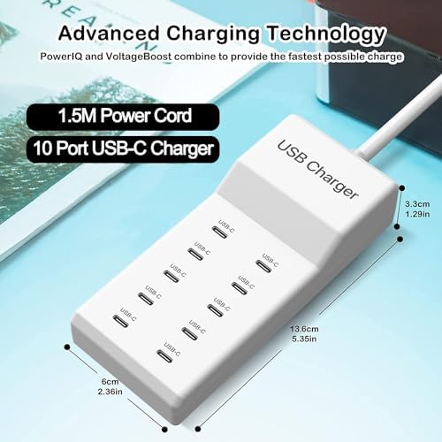 Ultimate 12-Port USB C Charging Station – 60 W Multi-Device Power Hub with 10 USB-C and 2 USB-A Ports for Fast Charging of i Phone, i Pad, Samsung, Google Pixel, Smartwatches, and Headphones – Compact Design for Home, Office, or Travel – Smart Technology for Optimal Power Delivery and Enhanced Compatibility