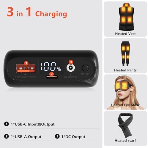 Ultimate 7.4 V 16000 m Ah Heated Vest Battery Pack: Versatile Power Bank for Heated Clothing with USB/Type-C/DC Output & LED Display – Stay Warm and Connected on Outdoor Adventures