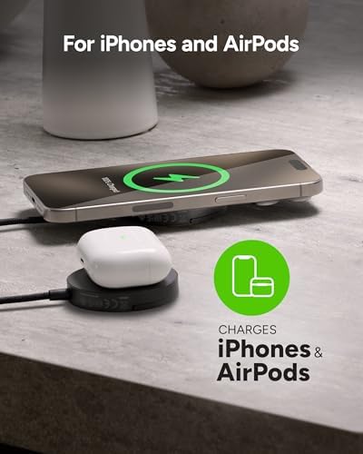 Mophie 15 W Fast Wireless Charging Pad with Kickstand – Sleek Mag Safe & Qi2 Compatible Charger for i Phone 16/15/14/13/12, Air Pods Pro (2 nd & 3 rd Gen) – Compact Travel Essential with Integrated Cable in Black for Effortless Portability and Hands-Free Viewing