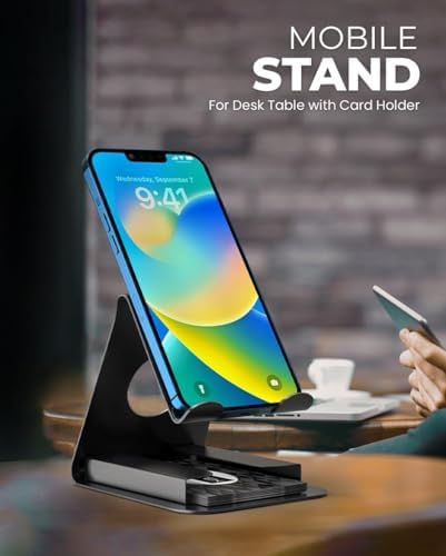 Universal Cell Phone Stand, Mobile Phone Holder Tabletop Stand Mount with Card Holder for Desk (Black – Enhanced Compatibility and Speed
