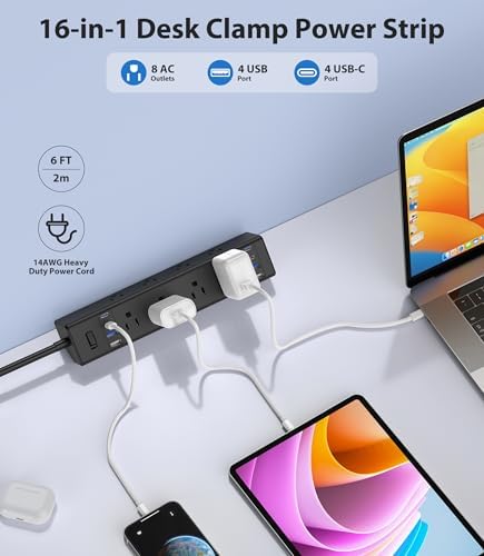 40 W Rapid Charge Desk Clamp Power Strip with 8 AC Outlets & 8 USB Ports – Versatile Surge Protector for Home & Office, Featuring 4 USB-C and 4 USB-A Ports, Secure Edge Mount Design for Tables up to 1.9 Inches, 14 AWG Heavy-Duty Cord for Optimal Performance and Safety
