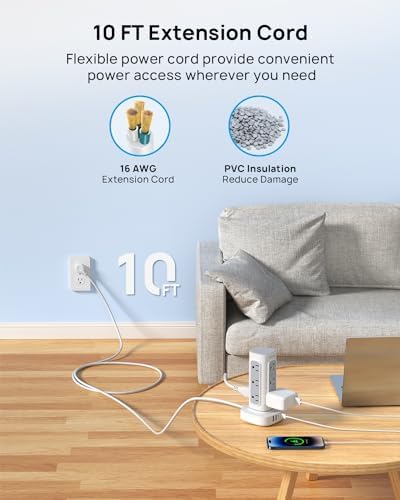 TROND Power Strip Tower with Retractable Design – 5 ft Flat Plug Extension Cord Featuring 5 AC Outlets and 20 W USB-C Fast Charging Ports, 1700 Joules Surge Protection for Home Office and Dorm Room Efficiency – Ultimate Connectivity Solution