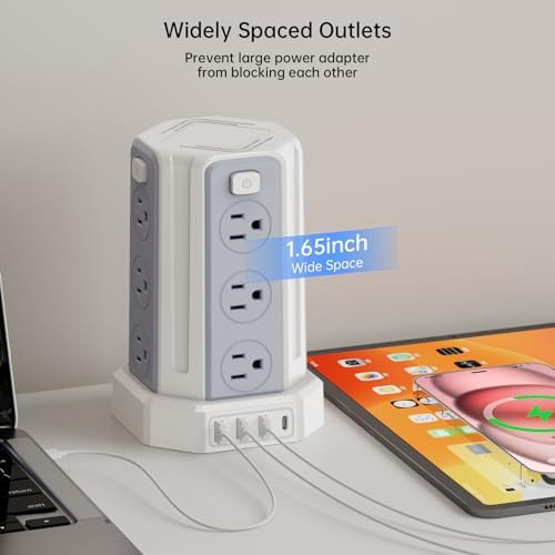 SMALLRT Power Tower Surge Protector – 10 Ft Extension Cord with 12 AC Outlets & 4 USB Ports (1 USB-C) – Ultimate Charging Station for Home & Office – Enhanced Device Compatibility & Safety