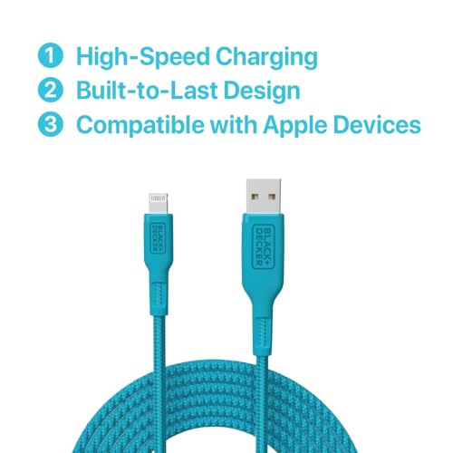 BLACK+DECKER Lightning to USB Charging Cable – Ultra-Fast Charge & Data Sync for All Apple Devices – Durable Braided Construction, Lightweight & Travel-Ready – Versatile Lengths & Color Options, Including Convenient 3 ft Length