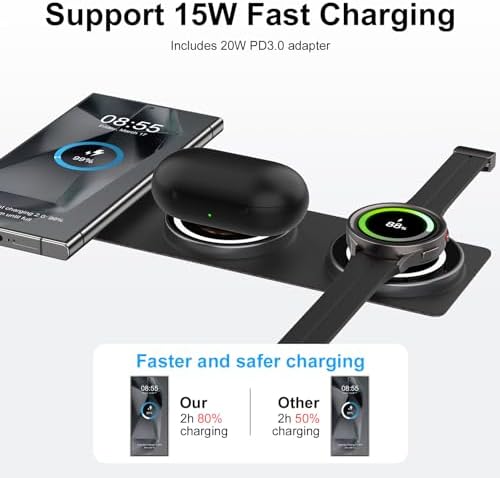 Ultra-Fast 3-in-1 Samsung Wireless Charging Station – Foldable 15 W Charger for Galaxy S24/S25 Ultra, Galaxy Watch 7/6 Classic, and More – Compact, Efficient Design for Home and Travel, Enhanced Compatibility for All Your Devices