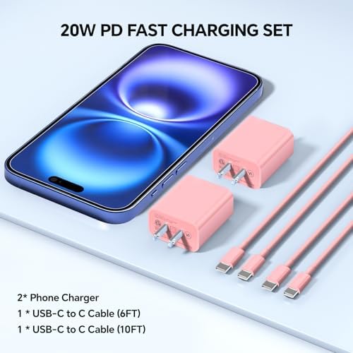 Sleek Pink 20 W Fast Charging Wall Charger with Dual 6/10 Ft USB-C Cables – Ultimate Power Solution for i Phone 16/15 & i Pad Pro – Compact, Durable, and Stylish for Effortless Portability and Versatile Device Compatibility