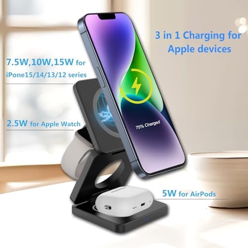 Revolutionary 3-in-1 Foldable Wireless Charging Station for Apple Devices – Ultimate i Phone 15, 14 Pro Max, 13, 12, Apple Watch 9-3, and Air Pods Pro Compatibility in a Compact Design (Black) – Streamlined Charging Efficiency and Portability for Tech Enthusiasts