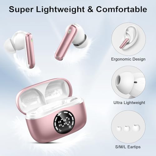 Experience Unmatched Audio Excellence with 2025 Bluetooth V5.4 Wireless Earbuds – 48-Hour Playtime, Advanced ENC Noise Cancelling Mic for Clear Calls, IP7 Waterproof Design for Ultimate Protection, Dual LED Battery Indicator for Easy Monitoring, and Elegant Rose Gold Finish – Perfect for Music Enthusiasts and Professionals Seeking Premium Sound Quality on the Move.
