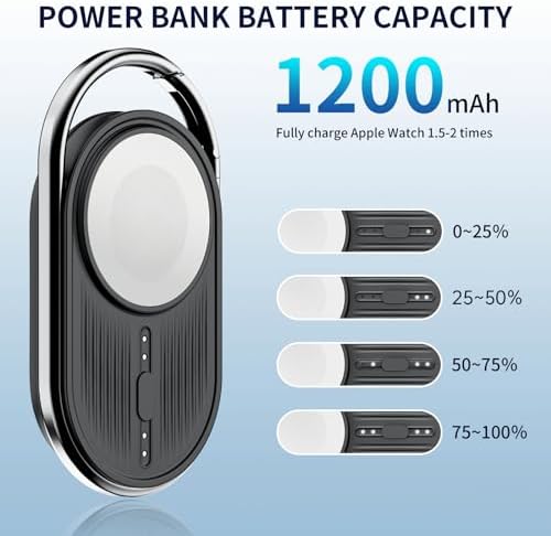 Compact Magnetic Power Bank for Apple Watch – Yo Fe W 1200 m Ah Portable Charger, Fast Wireless Charging Keychain for i Watch Series 9/8/7/6/5/4/3/2/SE/Ultra (Black) – Ultimate Travel Essential for Effortless Power Management