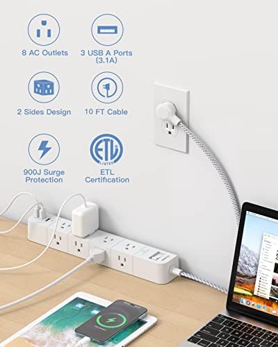 15 ft Heavy-Duty Extension Cord with Surge Protection | 8 AC Outlets & 3 Fast USB Ports | Flat Plug Wall Mount Power Strip for Home & Office | ETL Certified Charging Station for Safe, Efficient Device Management