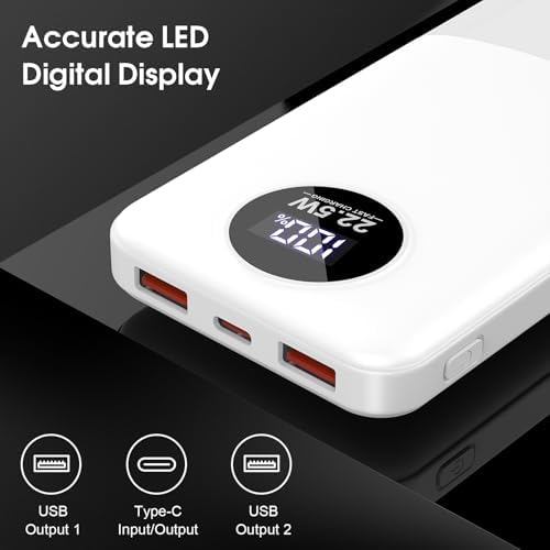 Advanced 10,000 m Ah Portable Charger with 22.5 W Fast Charging – USB-C Power Bank for i Phone 16/15/14/13/12 & Samsung S22/S21 – PD 3.0 & QC 4.0 Compatible with LED Battery Display – Lightweight Multi-Device Power Bank for Travel & Daily Use