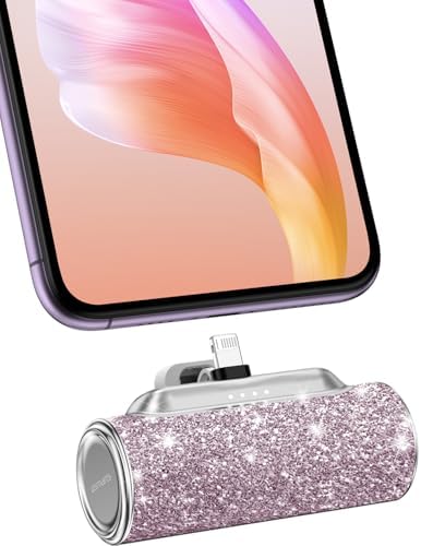 Sleek Shiny Pink Mini Power Bank with Built-in Lightning Connector – 4500 m Ah Compact Charger for i Phone 14/13/12/11/XR/8/SE Series – Stylish Glitter Battery Pack for Effortless On-the-Go Charging and Enhanced Compatibility