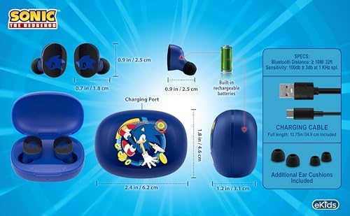 Sonic The Hedgehog Kids Wireless Bluetooth Earbuds with Microphone – Ultimate Audio Adventure for Young Gamers – Lightweight, Durable Design with Compact Charging Case for School, Travel, and Home Use – Effortless Connectivity and Enhanced Device Compatibility for Endless Fun