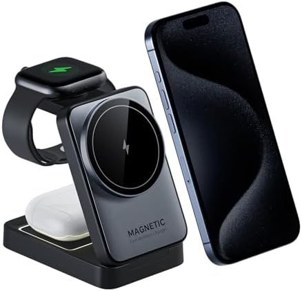 2025 Enhanced 3-in-1 Magnetic Wireless Charger: Foldable Nightlight Charging Station for i Phone, Apple Watch, and Air Pods – Ultimate Travel Companion with Mag Safe Compatibility and Rapid Charging Efficiency