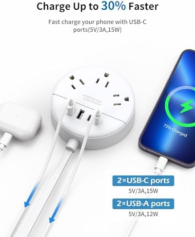 NTONPOWER 10 FT 2 Prong to 3 Prong Power Strip with 4 USB Ports – Wall-Mountable Non-Grounded Outlet Adapter for Enhanced Device Charging and Flexible Placement in Older Homes – 180° Non-Polarized Design for Maximum Convenience and Safety