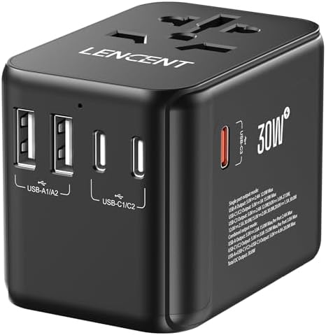 LENCENT 20 W Fast Charging Universal Travel Adapter – Compact International Power Converter with Dual USB and USB Type-C Ports – Ultimate Solution for Worldwide Device Charging in USA, UK, EU, and AUS (Black) – Reliable and Safe Charging for Global Explorers