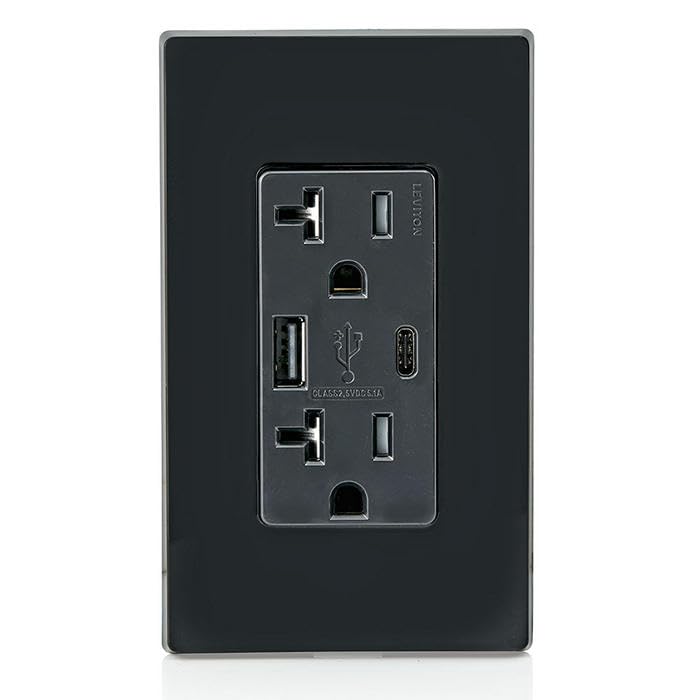 Leviton Dual USB In-Wall Charger with 20 A Tamper-Resistant Outlet – Type A & Type-C Compatibility for Smartphones and Tablets, Light Almond Finish – Streamlined Charging Solution for Home and Office Spaces