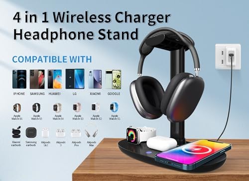 Transform Your Space with the Ultimate 4-in-1 Headphone Stand & 15 W Qi Wireless Charger – The Perfect Detachable Accessory Organizer for Home, Travel, and Hotels, Offering Fast Charging and Universal Compatibility for All Your Devices