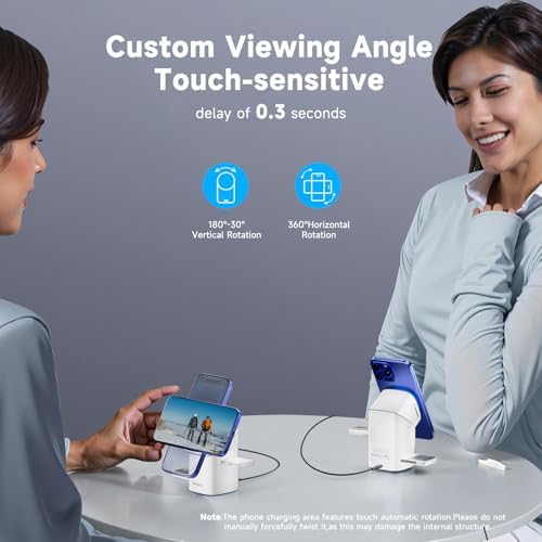 Revolutionary 3-in-1 Rotating Wireless Charger – Qi2 Certified 15 W Fast Charging Station for i Phone 16/15/14/13/12, Apple Watch & Air Pods – Enhanced Heat Management & Magnetic Alignment – Sleek Matte Design with Touch-Sensitive Stand and Ambient Night Light – Effortless Portrait/Landscape Mode for Seamless Use – Ultimate Charging Solution for All Your Apple Devices – Organized Desktop Power Hub with Smart IC Protection – Includes Power Adapter & USB-C Cable – Perfect for Home, Office, or Travel