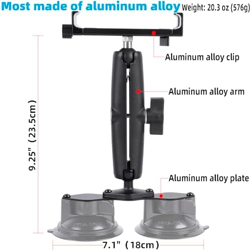 Premium Aluminum Tablet Holder with Dual Suction Cup Base – Versatile Mount for Car and Boat Windshields, Compatible with i Pad Air 13″ M2 (2024), i Pad Pro 12.9″ & 4.7-15″ Tablets – Secure Hands-Free Viewing for Navigation, Streaming & Video Calls – Lightweight, Portable Design for Home and Travel Use