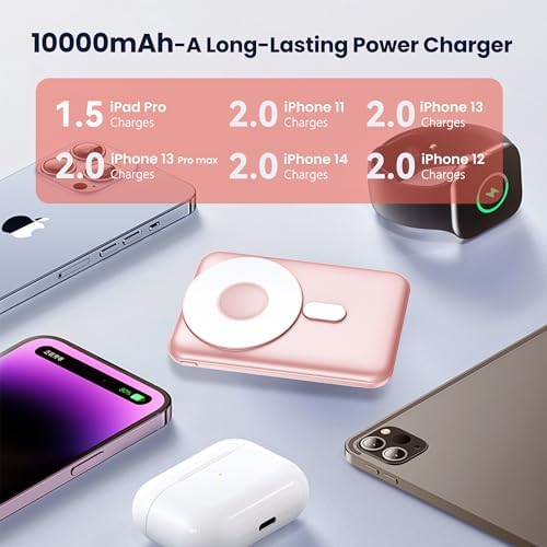 Sleek Pink Wireless Power Bank – 10,000 m Ah Magnetic Charger with PD 15 W Fast Charging, Lightning & USB-C Compatibility for i Phone 16 Pro Max/15/14 Series & Android Devices – Ultimate Portability & Enhanced Charging Speed