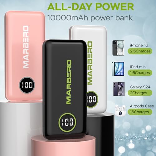 Ultra-Slim 10000 m Ah Portable Power Bank – MARBERO V18 High-Speed USB-C Charger for Multi-Device Charging – Lightweight, Durable Battery Pack for Samsung, Google, and Android Phones – Fast Charge Technology Ensures All-Day Power on-the-Go