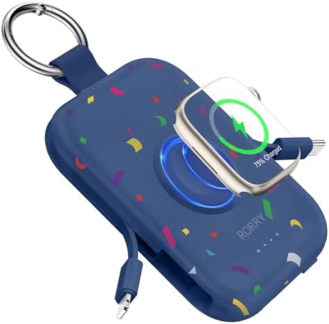 Compact Green RORRY Portable Charger – 5000 m Ah Power Bank for Apple Devices with Integrated Cables, Ideal Travel Keychain Battery Pack for i Phone 16/15/14/13/12 & Apple Watch Ultra Series 2/10/9/8/7/6/SE/5 – Effortless Charging and Enhanced Compatibility for On-the-Go Power
