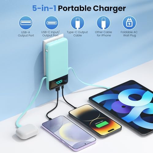 Upgrade Your Charging Experience: 13800 m Ah Portable Power Bank with Built-in Cables and Wall Plug – Fast Charging USB-C Battery Pack for i Phone 16/15/14, Samsung & Android Devices – Ultimate Travel Companion with 4 Outputs for Simultaneous Device Charging