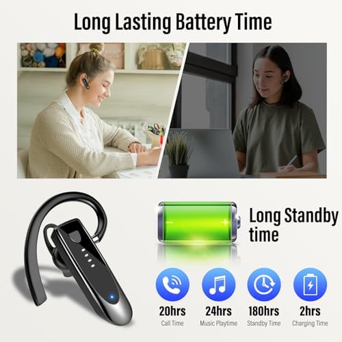 Atheewon Bluetooth Earpiece: Premium Wireless Headset with Advanced Noise-Cancellation | 20-Hour Talk Time & 180-Hour Standby for Ultimate Convenience | Perfectly Ergonomic Design in Modern Silver and White | Bluetooth 5.4 Technology for Reliable Connectivity | Ideal for Business Professionals, Truckers, and Drivers Seeking Crystal-Clear Communication