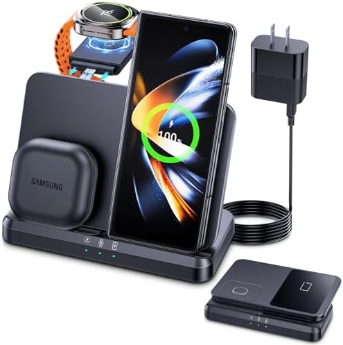 Elevate Your Charging Experience with the LK 3-in-1 Wireless Charger – Fast Charging Station for Samsung Galaxy Devices, Compatible with Galaxy Watch Ultra/7/6/5 Pro, S24 Ultra/S23/S22/S21, Z Fold/Flip 6/5/4/3, and Galaxy Buds (Black) – Compact Design with Enhanced Safety Features and LED Indicators for Seamless Power Management