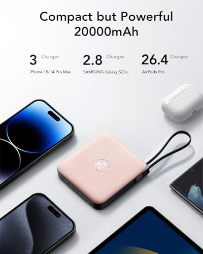 VRURC 20000 m Ah Portable Power Bank with Integrated Cables – Ultimate Travel Companion for i Phone 11-16 & Samsung Galaxy Series – Rapid 22.5 W Fast Charging Efficiency, Compact Design for On-the-Go Convenience – Essential Battery Pack for Uninterrupted Connectivity