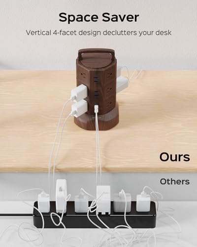 JACKYLED Power Strip Tower Surge Protector with 12 Outlets and 6 USB Ports (2 USB-C) – High-Speed Charging Station with 1050 Joules Protection, 1625 Watts, 6.5 ft Extension Cord for Enhanced Home Office Efficiency and Device Safety