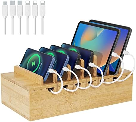 Eco-Friendly Bamboo Multi-Device Charging Station – Stylish Desk Organizer with 6 Premium Cables for i Phone & More – Efficient Quick Charge Hub for a Clutter-Free Workspace