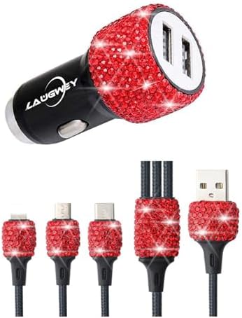 Chic Rhinestone Dual USB Car Charger & 3-in-1 Braided Charging Cable Set – Stylish Bling Accessories for Fast Charging & Enhanced Compatibility – Perfect for Women’s Vehicles in Silver