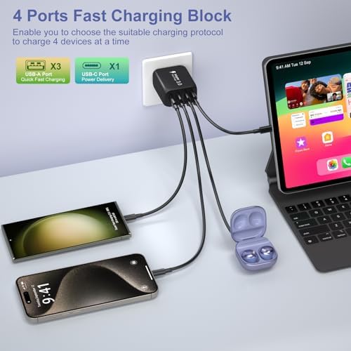 Bangfun 40 W 4-Port USB C Fast Charging Block – Dual Pack Multi-Device Power Adapter Featuring Quick Charge 3.0 for i Phone 11-15 Pro Max, Samsung A13/A54, Pixel – Ultimate Compact Charger for Home, Office & Travel Efficiency