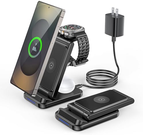 3-in-1 Fast Wireless Charger Station for Samsung Devices – Foldable Dual Coil Charging Hub for Galaxy Watch 7/6/5, Galaxy Buds, and S25/S24 Ultra – Compact, Travel-Friendly Design with Enhanced Safety Features and Universal Compatibility