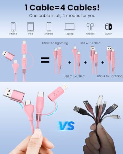 4-in-1 Retractable Lightning & USB-C Charging Cable – 60 W Fast Charge Compatible with i Phone 6-16, Perfect for Car Play and On-the-Go Power Solutions, Durable Coiled Design, 4 FT Tangle-Free Cable for Effortless Charging and Ultimate Convenience in Black