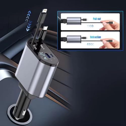 Ultimate 4-in-1 Retractable Car Charger – 100 W Fast Charging Adapter with Dual USB Ports and 2.6 ft Cable for i Phone 15/14/13/12 Pro Max & Galaxy S23 – Compact Design for Superior Compatibility and Organized Charging Solutions