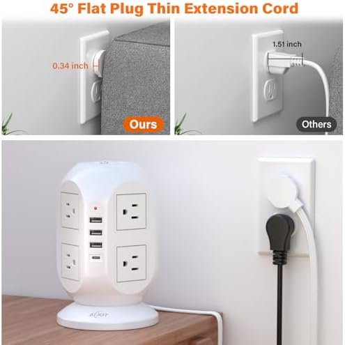 Compact Surge Protector Power Strip Tower with 8 AC Outlets & 4 Fast-Charging USB Ports (1 USB-C) – Aioy 10 FT Flat Plug Extension Cord for Organized Home & Office Use, Black – Ultimate Device Charging Solution for Efficiency and Safety