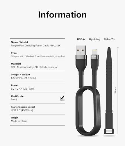 Ringke 3.9 FT USB to Lightning Pastel Charging Cable – Fast Charge Your i Phone, i Pad, and Air Pods with Tangle-Free Design and Enhanced Durability – Sleek Black Aesthetic Perfect for Car Play and Everyday Use