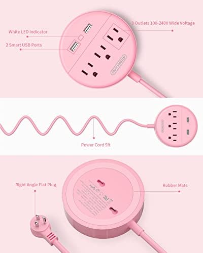 Stylish 25 ft Rose Pink Extension Cord by NTONPOWER – Flat Plug Power Strip with 3 AC Outlets & 2 USB Ports, Versatile Wall Mount Charging Station for Home, Dorm, or Office – ETL Certified for Enhanced Safety and Performance